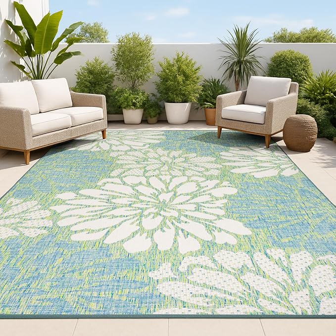 JONATHAN Y Floral Textured Weave Indoor Outdoor Area Rug 5X8 Cream/Green, Zinnia Modern for Backyard, Patio, Porch, Easy-Cleaning, High Traffic, Pet-Friendly, Non-Shedding (SMB110D-5)