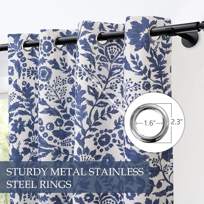 DriftAway Julia 100% Blackout Curtains Grommet 2 Panels, W52xL84, Navy | Floral Curtains, Bedroom, Living Room, Linen Blend, Watercolor Pattern, 2 Layers, Thermal Insulated, Window Treatment