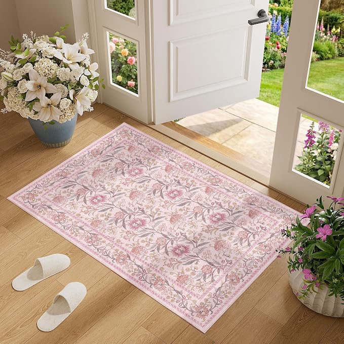 DUKINO 2x3 Rug, Washable Vintage Floral Bathroom Rugs Non Slip, Pink | Low Pile, Stain Resistant Boho Soft Indoor Door Mat, Small Front Door Carpet for Entryway Kitchen Laundry Bedroom Farmhouse