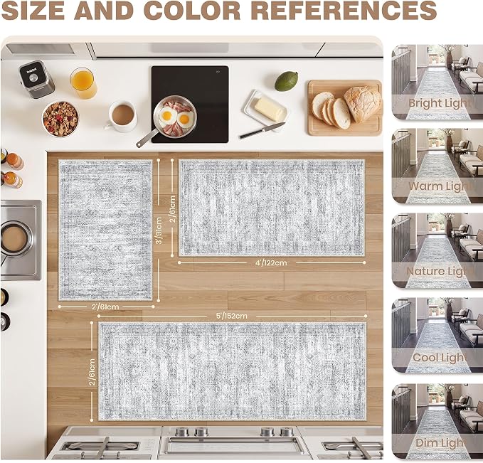 Kitchen Rugs Sets of 3, 2x3 2x4 2x5 Rug Runner,Grey | 3 Piece Washable Rug for Hallway,Entryway,Bedroom,Dining Room,Thin,Soft Runner Rug,Stain Resistant Indoor Carpet,Non Slip