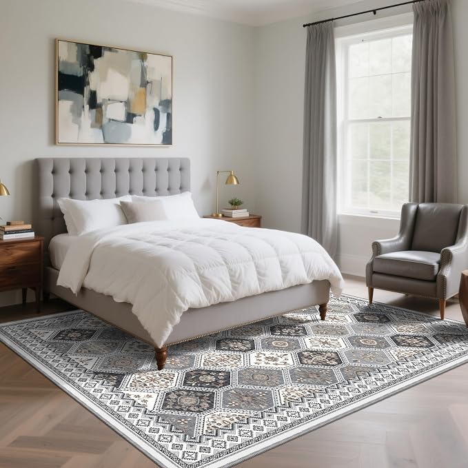 Area Rugs 9x12 Living Room, Non-Slip Vintage Boho Moroccan Rug, Gray/Gold | TTelephant Soft Low-Pile Printed Washable Area Rugs Gray Rug for Living Room, Bedroom, Dining Room