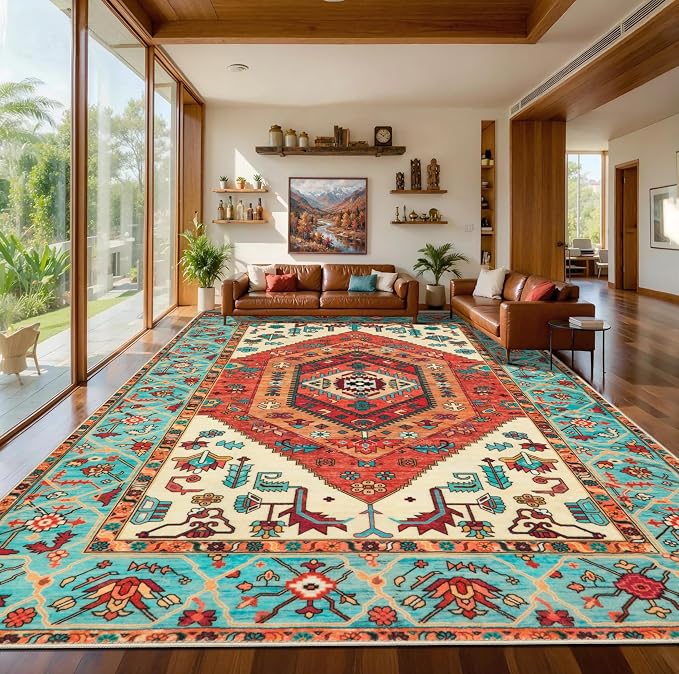 SERISSA 10x14 Area Rugs for Living Room, Large Washable Non-Slip Boho Rug, Ultra Soft Vintage Oriental Orange Print Distressed Carpet for Dining Room Bedroom Office Home Decor