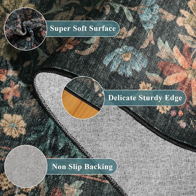 DUKINO 8x10 Area Rugs, Vintage Floral Washable Rug for Living Room, Blue | Non Slip, Low Pile, Non-Shedding, Stain Resistant, Aesthetic Soft Indoor Large Carpet for Bedroom, Dining Room, Farmhouse