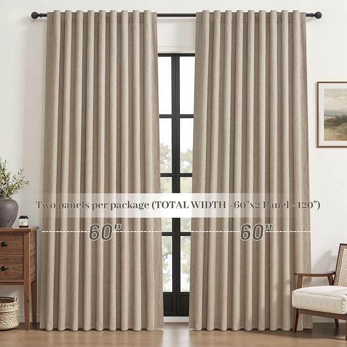 Blackout Curtains 60 Inches Extra Wide Grey Beige Linen Curtains 102 Inch Length for Living Room, Pleated Farmhouse Bedroom Thermal Drapes for Winter Large Window Energy Efficient(60"W x 102"L2Panels)