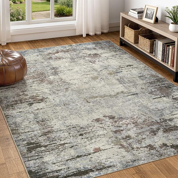 DMOYEST Area Rug Living Room Rugs - 6x9 Washable Large Soft Indoor Neutral Modern Abstract Low Pile Rug Carpet for Bedroom Dining Room Farmhouse Home Office - Brown Rust