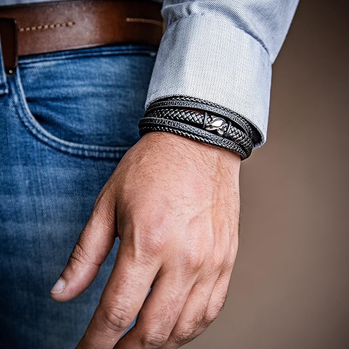 SERASAR Premium Leather Bracelet Men | Stainless Steel Magnetic Clasp | Three Colors | Jewelry Box Included