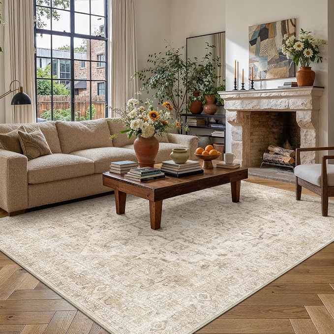 HUGEAR 8x10 Machine Washable Rug Beige Area Rug Room Decor Distressed Vintage Living Room Rugs Non Slip Low Pile Soft Carpet for Bedroom Dining Room Office Soft Lightweight