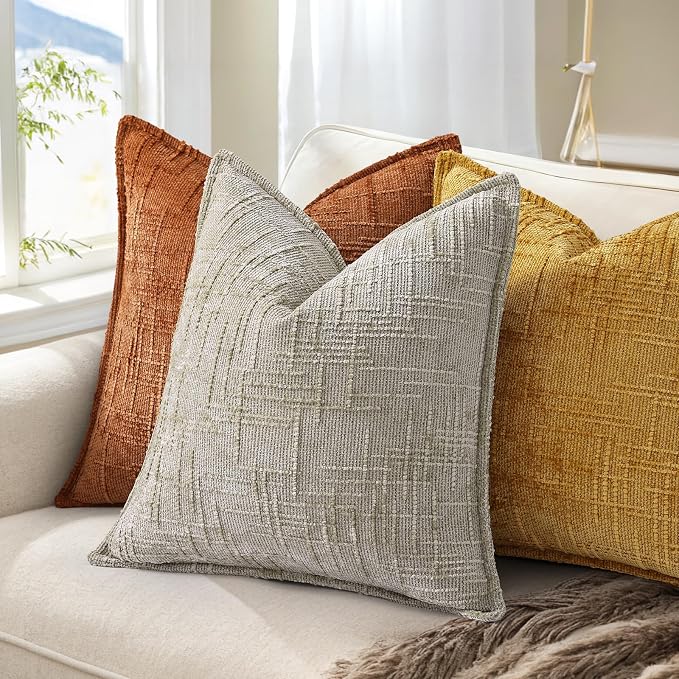 decorUhome Chenille Throw Pillow Covers 26x26 Set of 2, Soft Textured Slubby Modern Decorative Pillow Covers with Elegant Design for Couch, Sofa, Living Room, Light Brown