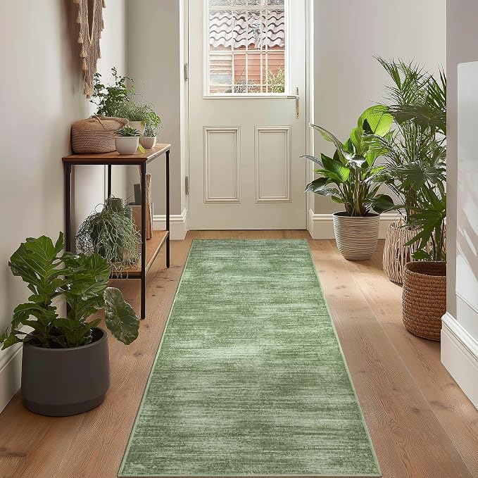 BILEEHOME 2x6 Runner Rug for Hallways Soft Washable Modern Olive Green Rugs | Dark Green Floor Covering Carpet, with Low Pile Non Slip, Neutral Abstract, for Kitchen Bedside Bathroom, 2 x 6, Foldable