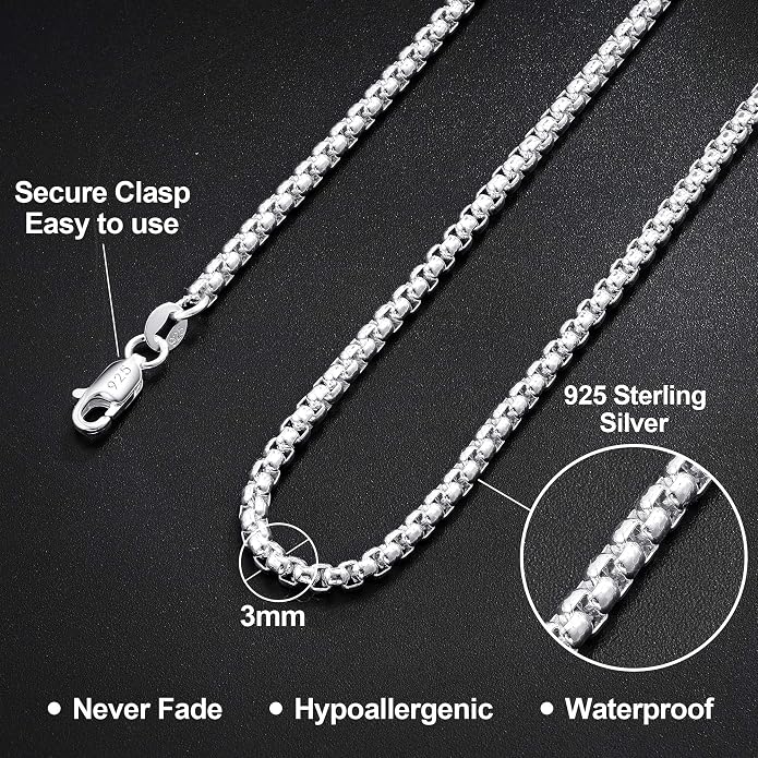 HIMSTORY Silver Chain for Men, 925 Sterling Silver 2mm/3mm/4mm Round Box Chain Necklace for Men Women Jewelry Diamond Cut Mens Chains Gifts for Husband Father Boyfriends