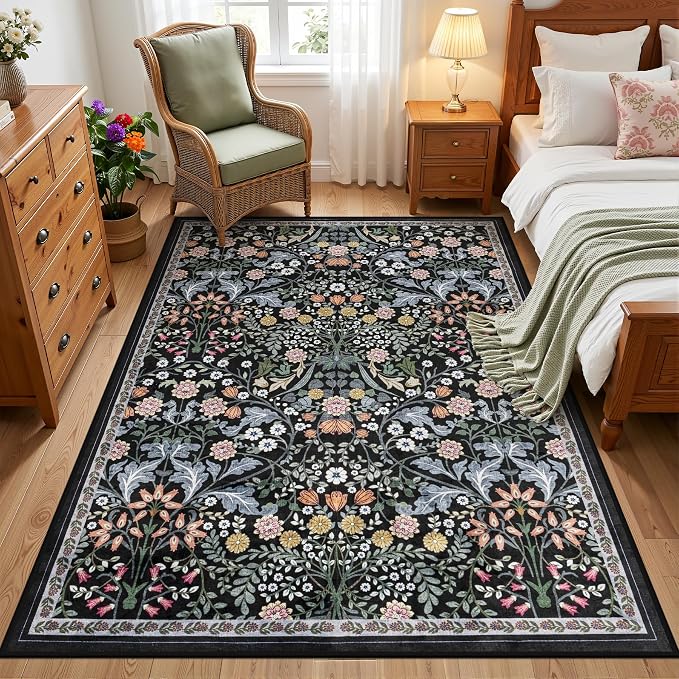 Area Rug Living Room Rugs: Floral 3x5 Washable Rug Vintage Soft Boho Non-Slip Carpet Indoor Floor Stain Resistant Large Carpets for Bedroom Dining Room Farmhouse Nursery Hallway Dark Black