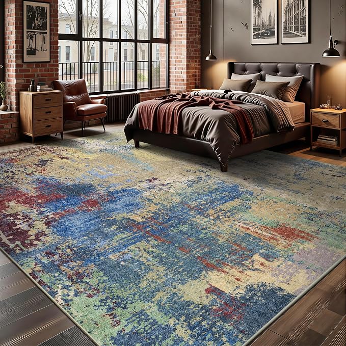 8x10 Rugs for Living Room - Modern Abstract Washable Rug, Ultra Soft Non Slip Low Pile Large Rugs, Floor Carpet for Bedroom Dining Room Office Laundry Nursery Home(Multi-Colorful)