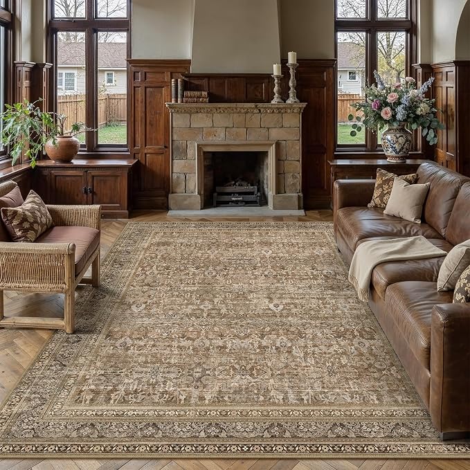 9x12 Brown Neutral Retro Area Rug | Washable, Low Pile, Floral, Soft, Non Slip, Carpet for Living Room Bedroom Dining Room Nursery Office Indoor Home Decor
