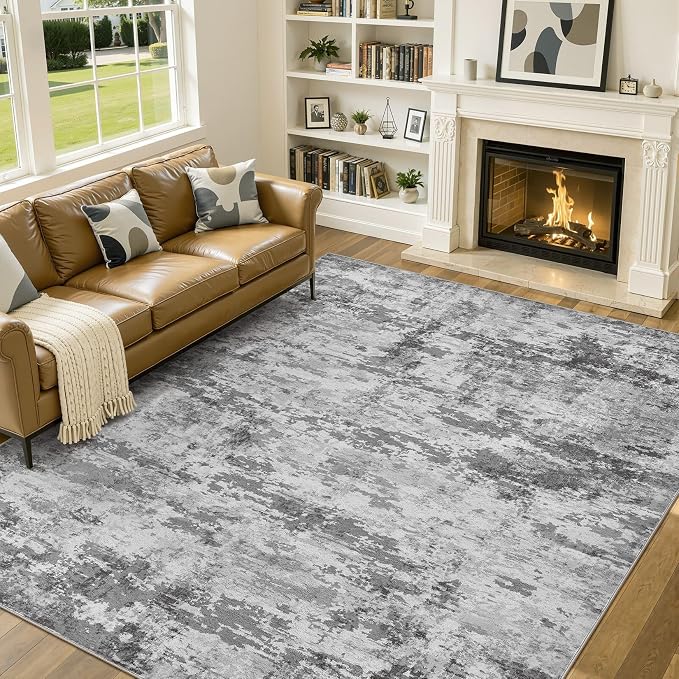 12x15 Area Rugs for Living Room, 12x15 Rug Washable High-Low Pile | Neutral Modern Abstract Carpet, Non Slip Lightweight Soft Made for Dining Room, Home Office Indoor Decor - Dark Gray