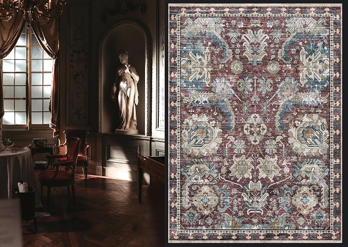 RUGSURE Washable Area Rugs - Perfect for Living Room, Bedroom, Kids Room, Nursery - Stain & Water Resistant Non-Slip, Pet & Child Friendly, Vintage Tribal Area Rugs (Rust and Blue, 5' x 7')