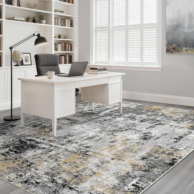 10x12 Area Rug Living Room: Washable Large Abstract Neutral Modern Soft Rug Stain Resistant Indoor Floor Non-Slip Accent Carpet for Bedroom Nursery Playroom Dining Room Office Dorm Home- Black Gold