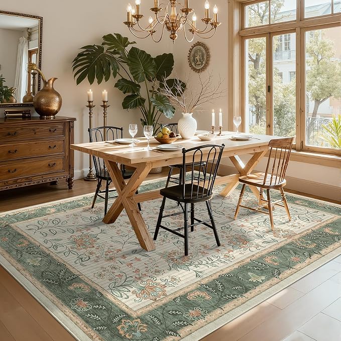 GarveeHome Large Area Rugs 10x13 for Living Room, Sage Green Washable Rug Soft Non Slip Floor Mat Carpet Indoor Botanical Floral Rug for Bedroom Dining Room Playroom Nursery Home Decor