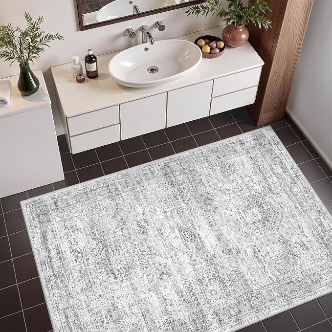 3x4 Rugs for Entryway,Washable Area Rug,Grey | Small Rug for Kitchen,Hallway,Bedroom,Bathroom,Thin,Soft, Neutral Rug,Stain Resistant Indoor Carpet,Non Slip