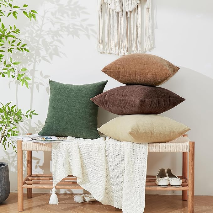 GAWAMAY Decorative Chenille Throw Pillow Covers 24x24 Inch Pack of 2, Soft Square Couch Pillow Cover for Sofa Cushion Living Room Bedroom Solid Dyed Pillowcases Brown 60x60cm (ONLY Covers)