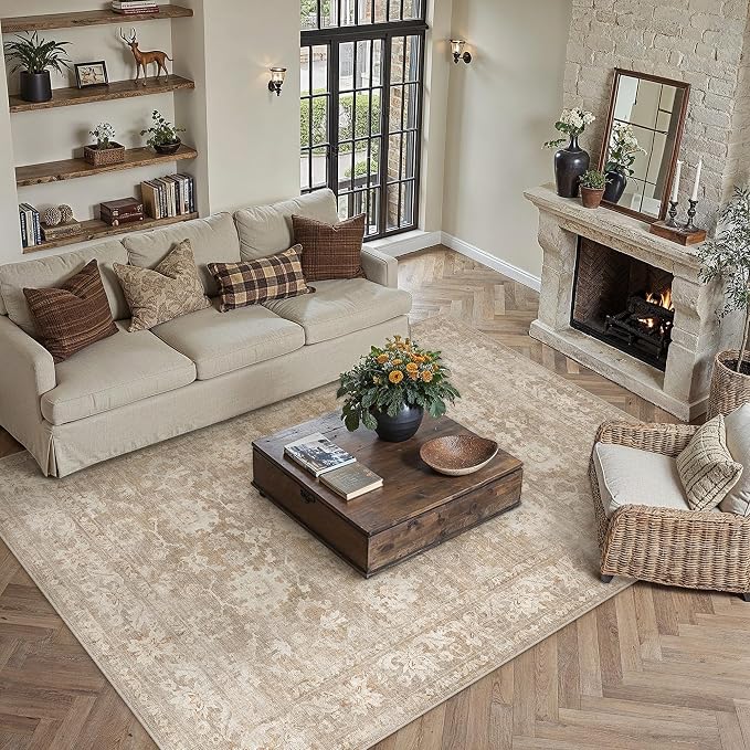 HUGEAR 8x10 Area Rug Beige Machine Washable Rug Room Decor Vintage Distressed Living Room Rugs Non Slip Low Pile Soft Carpet for Bedroom Dining Room Office Soft Lightweight