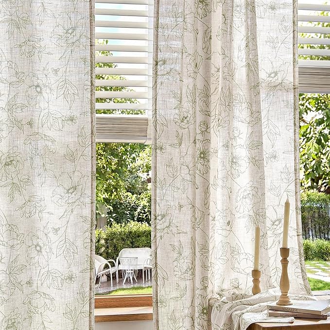 jinchan Floral Linen Curtains for Living Room 84 Inch Length Green Flower Curtain Rod Pocket Back Tab Farmhouse Curtains with Printed Floral Bedroom Window Curtain Set, 2 Panels Green