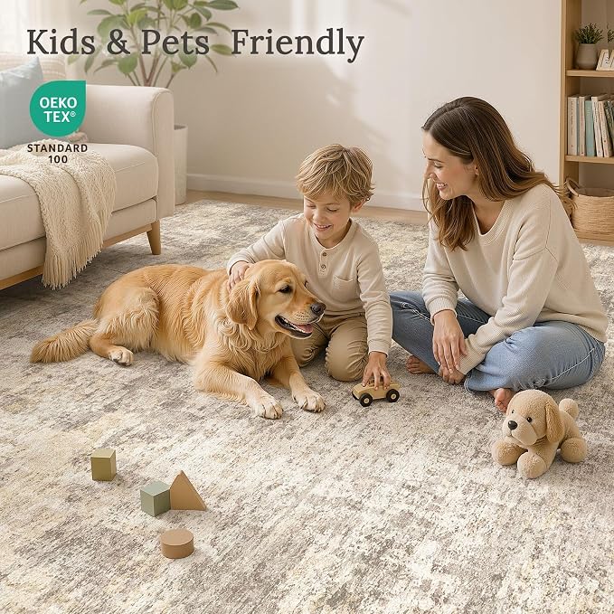 cotiled Washable Area Rug 8x10, Non-Slip Soft Neutral Rug for Living Room | Modern Abstract Carpet, Stain Resistant and Kid & Pet Friendly, Ideal For Bedroom, Dining Room, Nursery, Home Office - Beige