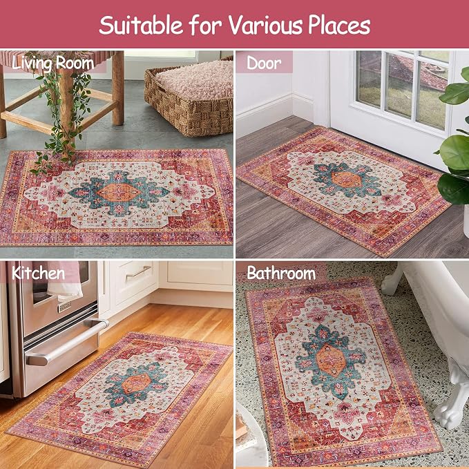 Moynesa Ultra-Thin Washable Pink Area Rug - 2x3 Small Pink Washable Bedroom Rug Entry Mat, Vintage Non-Slip Non-Shedding Low Pile Indoor Throw Carpet for Laundry Living Room Hardwood Floors Kitchen