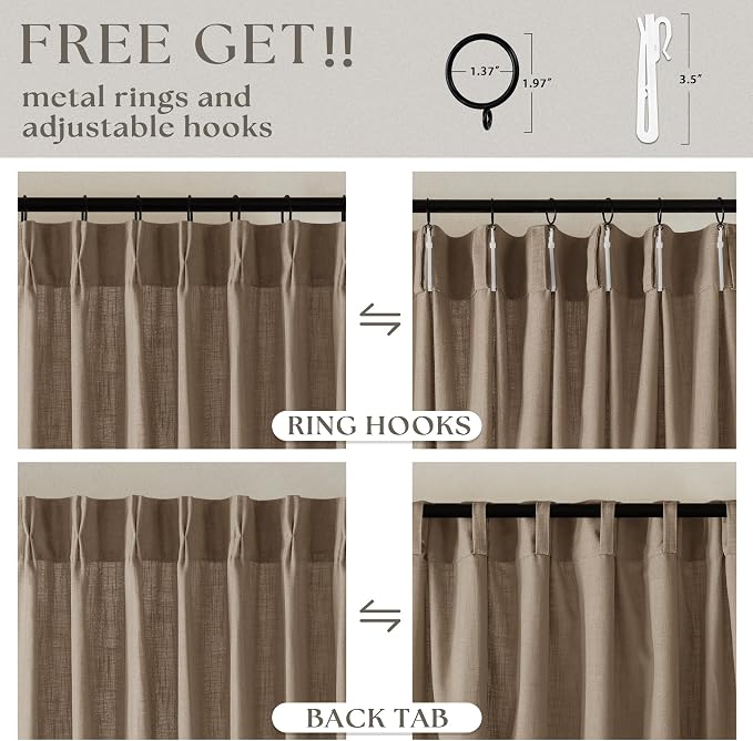 100 Inch Linen Light Brown Pleated Curtains 2 Panels Set for Living Room Bedroom Farmhouse Linen Blend Back Tab Memory Shape Trained Pinch Pleat Window Curtain Latte 100 Inch Length for Office Home