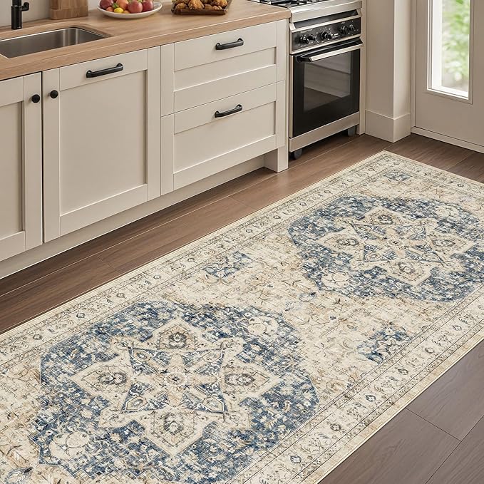 Tortania Area Rug 3x10 Runner Rugs - Washable Vintage Oriental Farmhouse Thin Indoor Carpet for Living Room Bedroom Hallway Entryway Kitchen Under Dining Table Home Office - Cream/Blue