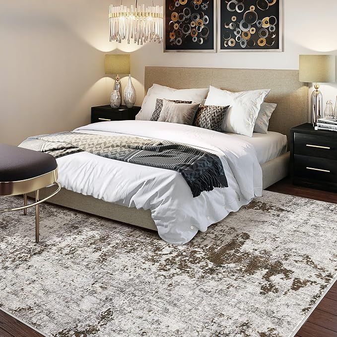 DMOYEST 10x12 Area Rug for Living Room, Washable & Non Slip Large Indoor Carpet, Kid & Pet Friendly Soft Thin Low Pile Abstract Rug for Bedroom and Office - Dark Brown