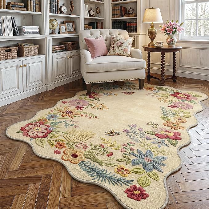 FMFUNCTEX 4x6 Washable Beige Floral Vintage Scalloped Area Rug for Entryway | Flower Colorful Traditional Boho Non Slip Low Pile Cottage Indoor Carpet Entrance Soft Rug Living Room Bedroom Kitchen Office