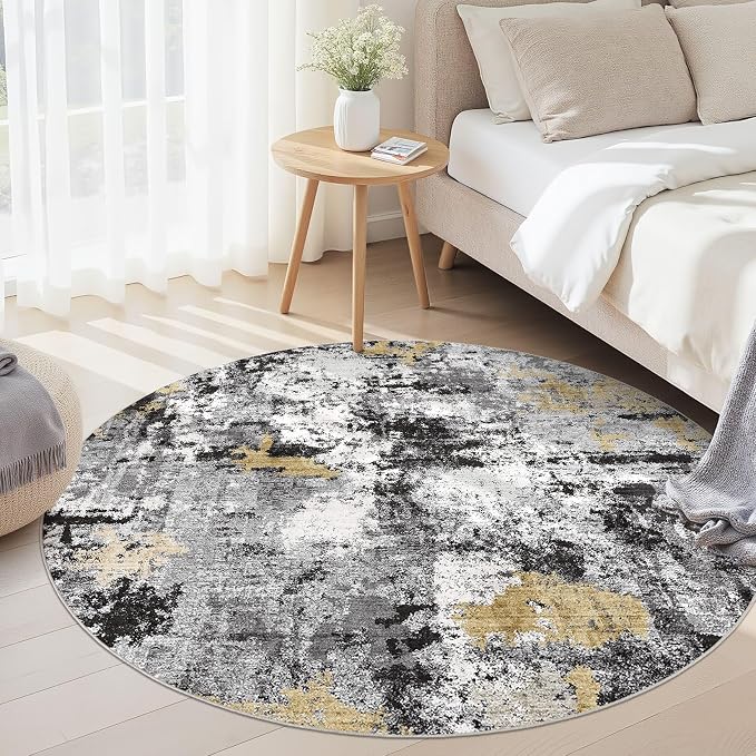 Abstract 5FT Round Rug: Machine Washable Non Slip Ultra Thin Low-Pile Carpet, Soft Stain Resistant for Living Room Bedroom Nursery, Kid Pet Friendly, Robot Vacuum Compatible - Black Gold