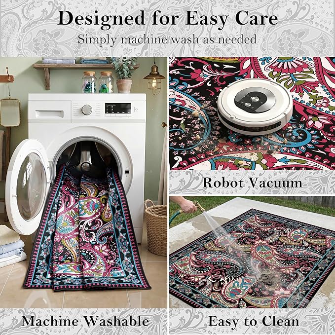 Arenarug Paisley Outdoor Rug Waterproof 5x8, UV Resistant Non Slip Patio Rug, Indoor Outdoor Boho Camping Rug Linen-Look RV Carpet for Deck Balcony Backyard, Magenta‌