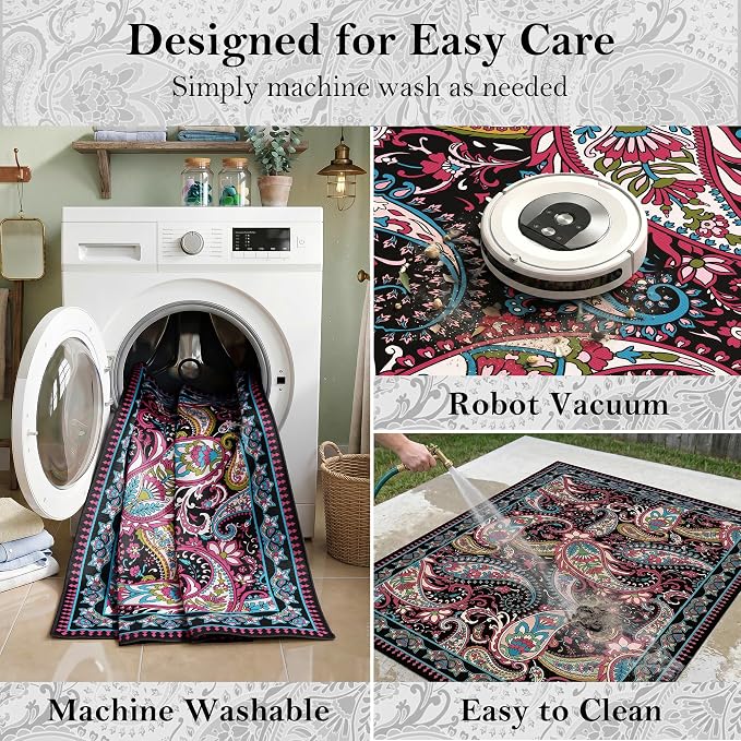 Arenarug Paisley Outdoor Rug Waterproof 9x12, UV Resistant Non Slip Patio Rug, Indoor Outdoor Boho Camping Rug Linen-Look RV Carpet for Deck Balcony Backyard, Magenta‌