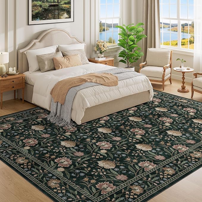 DUKINO 9x12 Area Rug for Living Room Vintage Floral Washable Rug Dark Green | Non Slip, Low Pile, Non-Shedding, Stain Resistant, Aesthetic Soft Indoor Large Carpet for Bedroom Dining Room Farmhouse