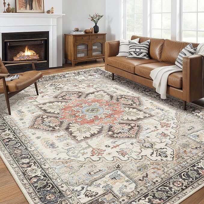 Area Rug 10x14 for Living Room, Medallion Printed Ultra-Thin Soft Large Carpet, Oriental Non Slip Big Washable Fade Stain Resistant Rugs for Bedroom Dining Room Home Office Decor