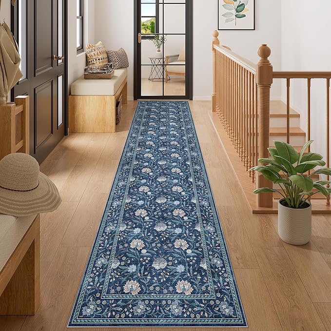 DUKINO 2x10 Runner Rug for Hallway, Washable Vintage Floral Rug, Dark Blue | Non Slip, Low Pile, Non-Shedding, Stain Resistant Soft Long Runner Carpet for Kitchen Bathroom Entryway Bedroom Farmhouse