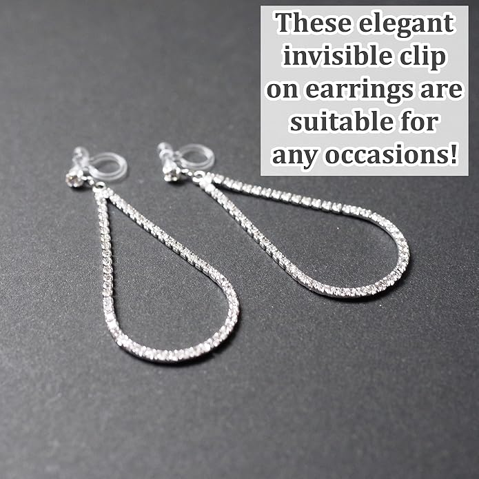 Dangle Silver Invisible Clip On Earrings for Women Not Pierced Gold Crystal Rhinestone Comfortable Hoop Fringe Long Chain Clip On Earrings