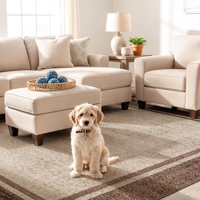Rugshop Modern Transitional Bordered Area Rug for Living Room Beige 5' x 7'
