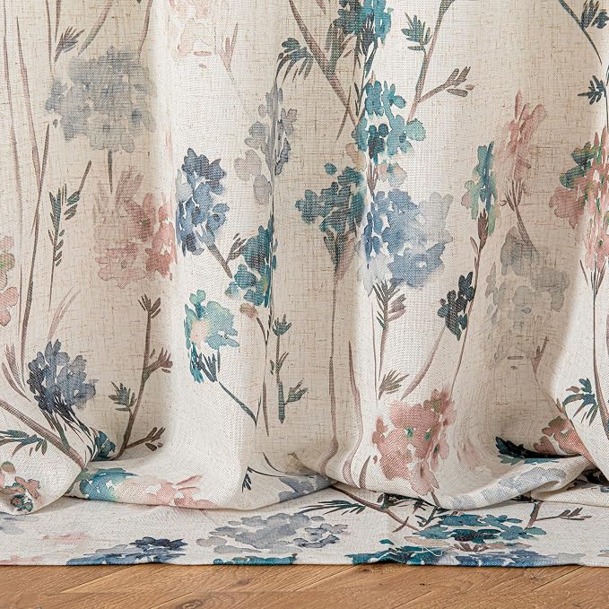 MYSKY HOME Floor to Ceiling Linen Floral Curtains 95 Inch Length 2 Panels Semi Sheer Light Filtering Farmhouse Flower Print Patterned Window Grommet Curtains for Dining Room, 52" W Each Panel, Brown