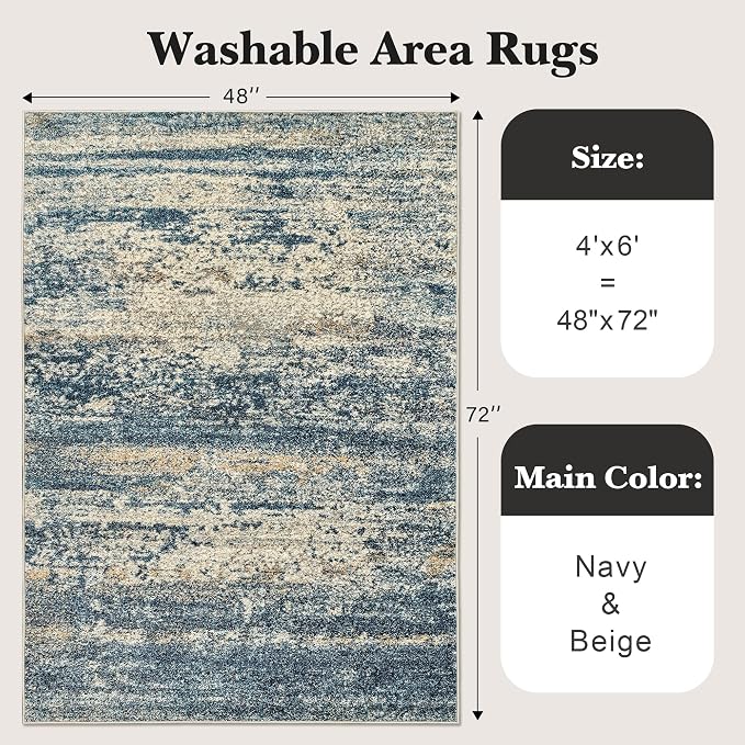 Art&Tuft Washable Rug 4x6, Anti-Slip Backing Abstract 4x6 Rug, Stain Resistant Rugs for Living Room, Foldable Machine Washable Area Rug (4'x6', Navy)