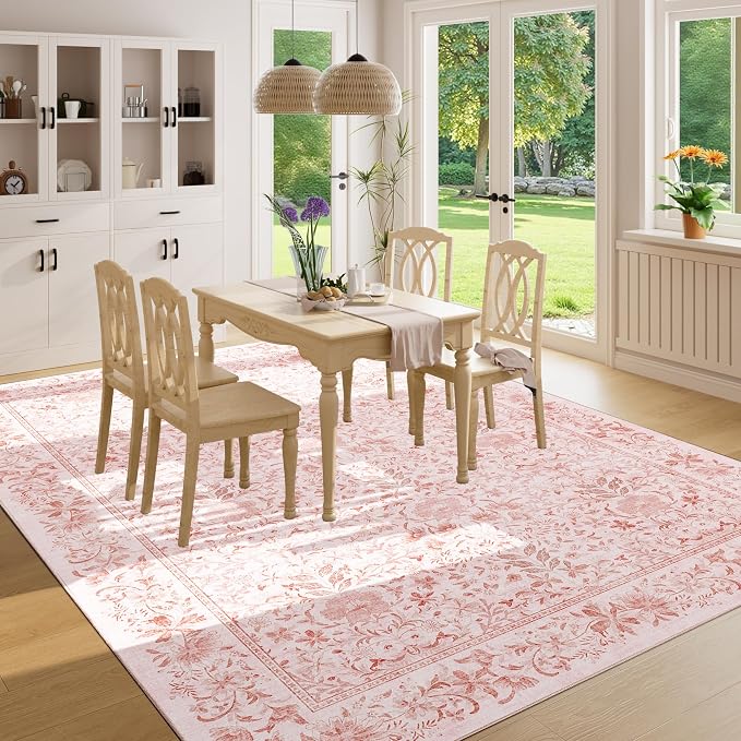 DUKINO 6x9 Area Rug, Vintage Floral Washable Rugs for Living Room, Pink | Non Slip, Low Pile, Non-Shedding, Soft Indoor Large Carpet for Bedroom, Office, Dining Room, Farmhouse, Nursery, Home Decor