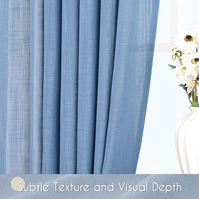 Denim Blue Curtains for Living Room Back Tab Modern Farmhouse Semi Sheer Blue Curtains 86 inches Long 2 Panels Set Muted Neutral Window Curtain for Dining Room Bedroom 52x86