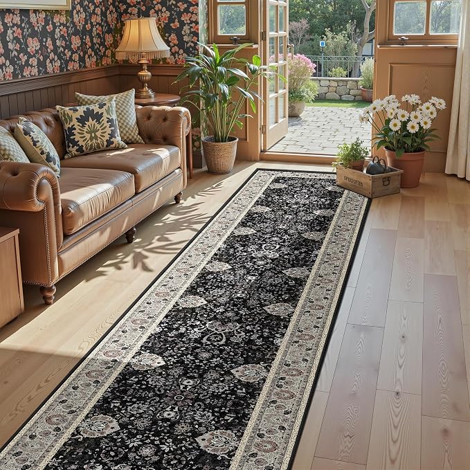 Vintage 2x10 Runner Rugs for Hallway Non-Slip Hallway Runner Rug with Rubber Backing Washable Rug Runner for Kitchen Bedroom Vintage Distressed Carpet(Blcak Navy Multi