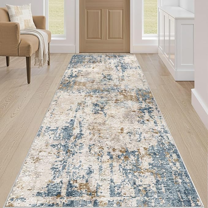 Runner Rug Kitchen Washable Rugs: 3x8 Non-Slip Abstract Soft Modern Stain Resistant Indoor Floor Neutral Accent Throw Carpet for Hallway Bathroom Laundry Room Entryway Bedroom- Blue Tan