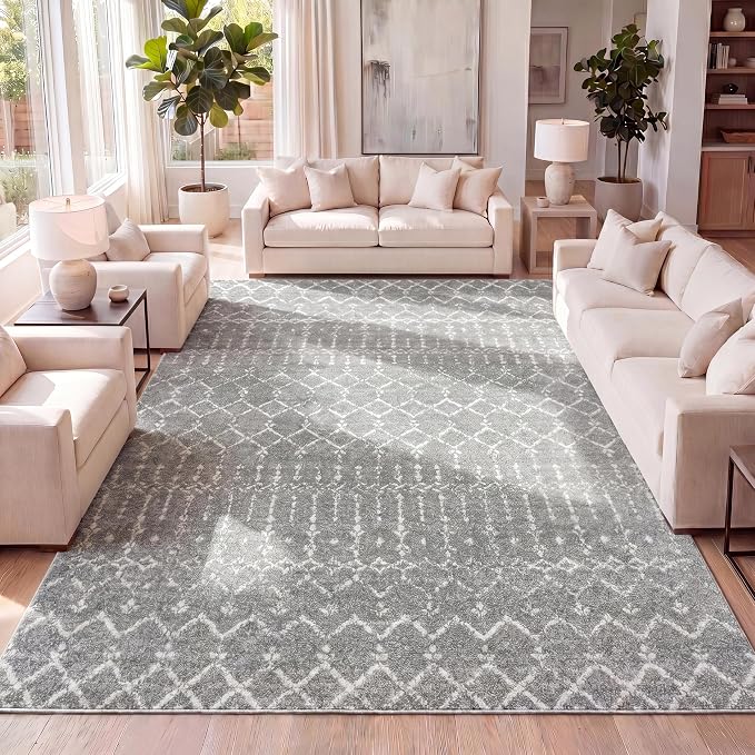 JONATHAN Y Boho Vintage Diamond Gray/Ivory Indoor Area Rug 8X10 ft, Moroccan Hype for Living Room, Bedroom, Kitchen, Office, Easy-Cleaning, High Traffic, Pet-Friendly, Non-Shedding (MOH101C-8)