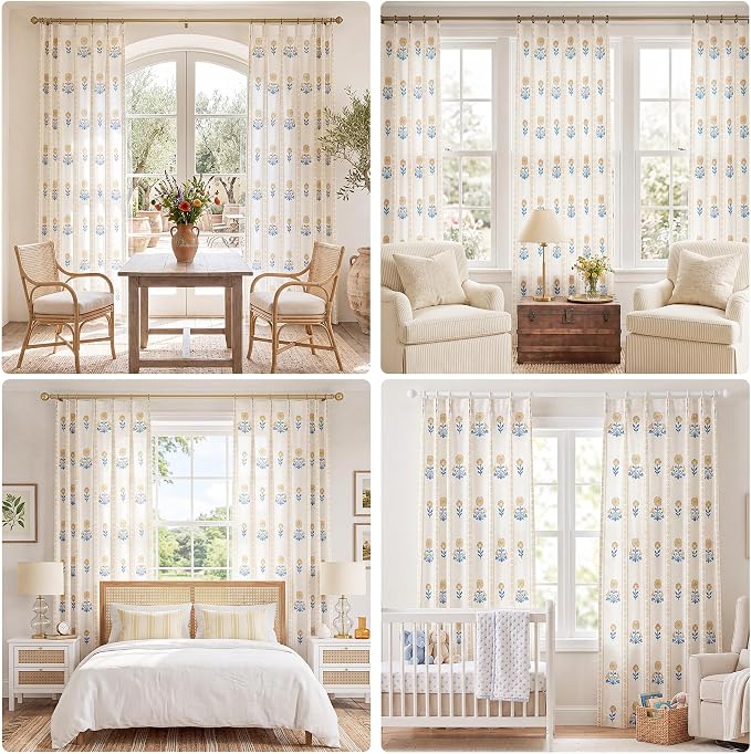 THREE GIRLS Pinch Pleated Light Filtering Linen Blend Floral Block Print Curtains for Living Room, Bedroom, Farmhouse, Memory Trained, Hooks, 2 Panels Set, 40"x108", Yellow