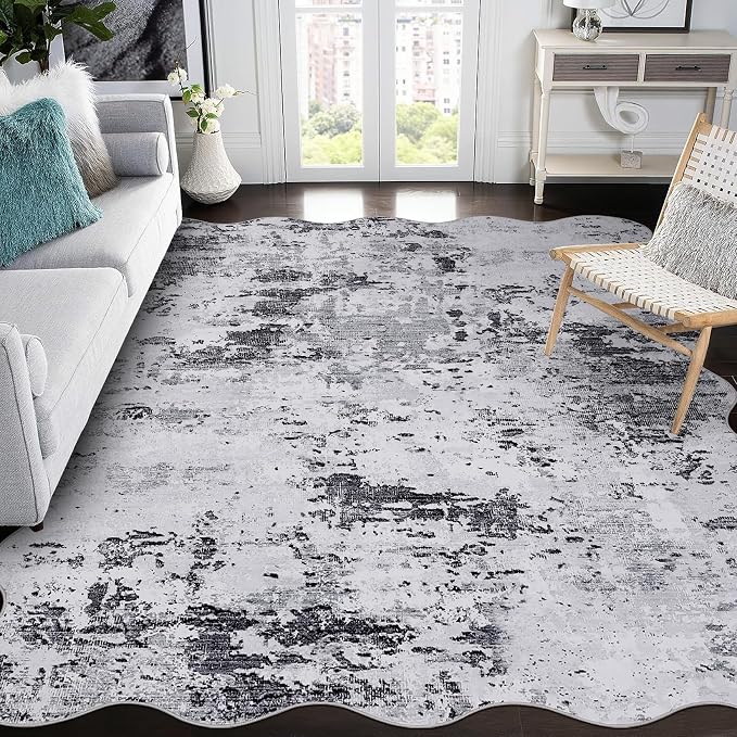 ROYHOME 9x12 Scalloped Modern Abstract Rug Faux Wool Accent Ultra Soft Machine Washable Rug Non Slip Non Shedding for Bedroom Dining Room Office Home, Grey