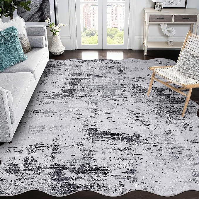 ROYHOME 10x13 Scalloped Modern Abstract Faux Wool Rug for Living Room Low Pile Ultra Soft Stain Resistant Non Slip Non Shedding Throw Rug for Bedroom Home Decor, Grey