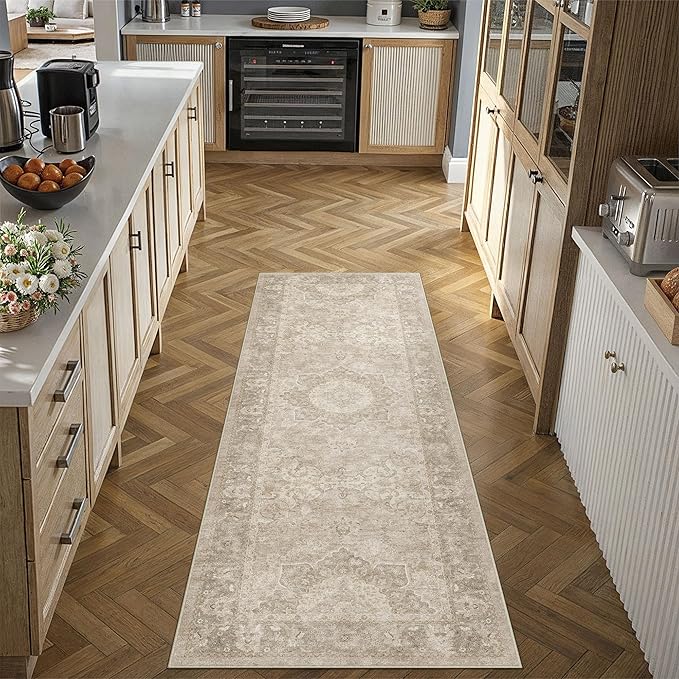 PureCozy 2x6 Washable Runner Rug Beige Vintage Oriental Medallion | Non Slip, Soft Low Pile, Hallway Carpet for Kitchen, Entryway, Laundry Room, Retro Decor